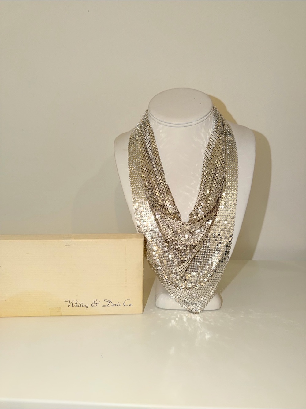 Vtg Signed Whiting & Davis Silver-Tone Mesh Bib Statement Disco Necklace